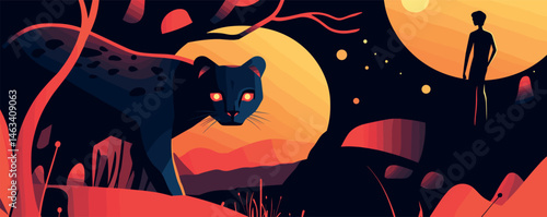 Mysterious night scene with black panther and silhouetted man in vibrant red and yellow landscape.