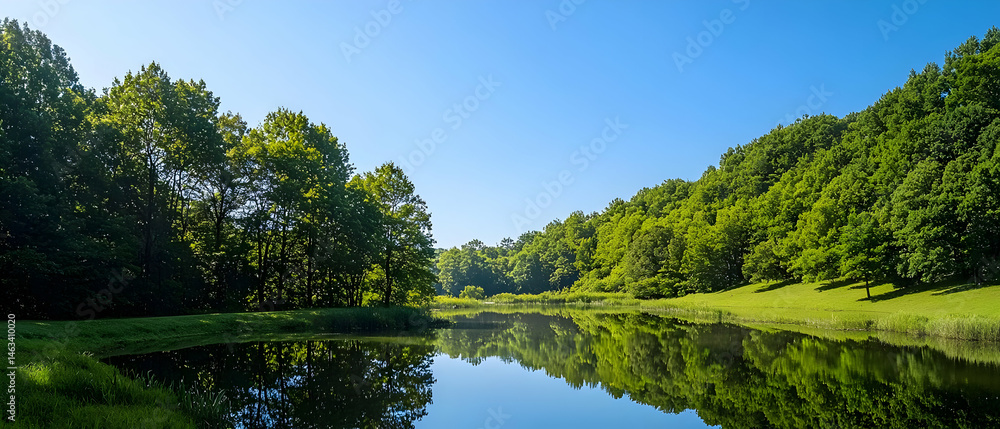 Serene River Scene With Lush Green Forest Serene River Scene With Lush Green Forest