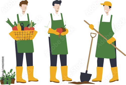 Three gardeners are harvesting vegetables with tools while wearing aprons and gloves Great for illustrating gardening, farming, or healthy eating.