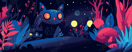 Surreal night scene with giant cat and glowing elements in mystical forest.