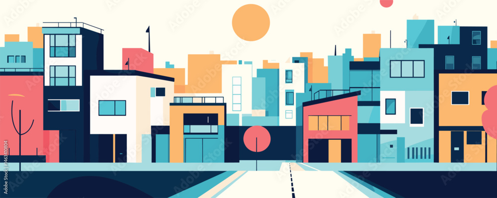 Colorful abstract cityscape with geometric buildings and sun in a minimalist style. Colorful abstract cityscape with geometric buildings and sun in a minimalist style.