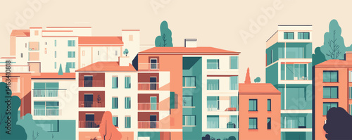 Colorful modern apartment buildings with trees and balconies in flat vector art style.