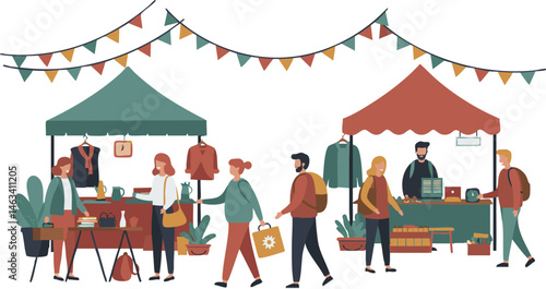 A vibrant outdoor market scene with people browsing stalls under colorful pennant flags This image is perfect for illustrating community events and.