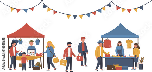 People enjoy shopping at a colorful outdoor market with various stalls under a string of flags Great for illustrating local business and community.
