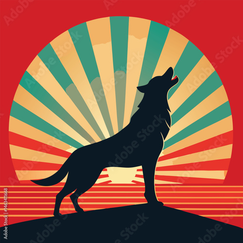 Silhouette of a wild wolf howling at the sunset sky, a black mammal against the natural landscape