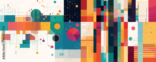Abstract geometric composition with colorful circles and rectangles.