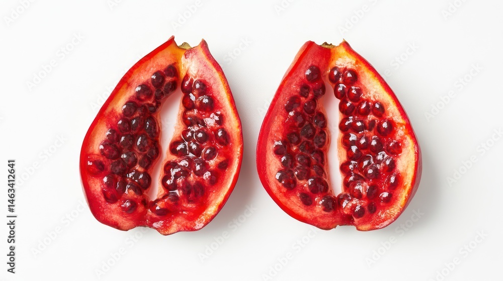 Two pomegranate halves on white background