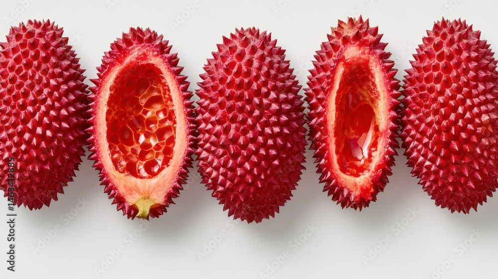 Red Rambutan halves on white background