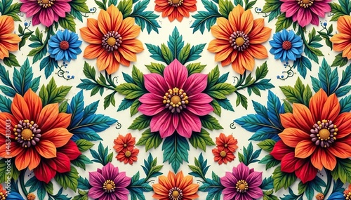Intricate floral textile design, repeating motif , bright, blossom, print