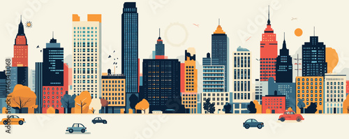 Colorful urban skyline with high-rise buildings and autumn trees at sunset.