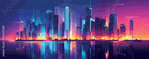 Vibrant futuristic cityscape at night with colorful lit skyscrapers reflecting on water.
