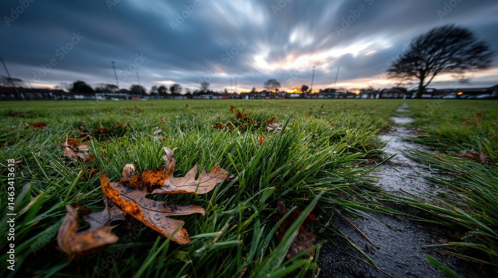 Naklejka premium Grassy Field with Leaves and Cloudy Sunset