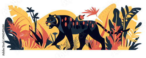Illustrated black panther stalking in vibrant jungle with exotic plants and tropical foliage.