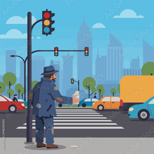 Man Begging at City Crosswalk Holds Cup for Money