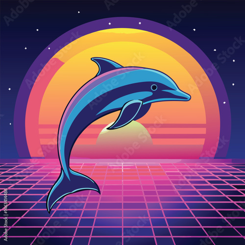 cartoon dolphins leap gracefully from the ocean waves under a vibrant sun, a playful illustration of marine life