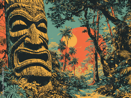 tiki totem in a tropical forest