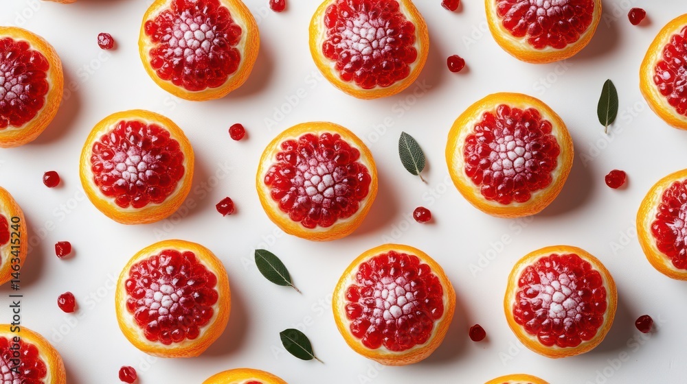 Pomegranate halves arranged on white background (1)