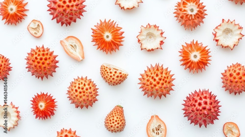 Spiky fruit slices on white background