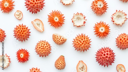 Obraz na płótnie Spiky fruit slices on white background w salonie