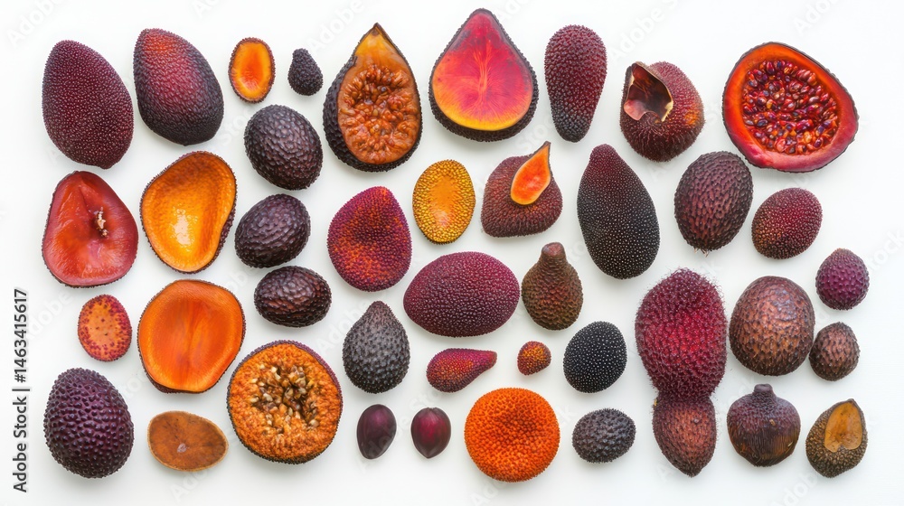 Colorful fruit slices, various shapes, white background