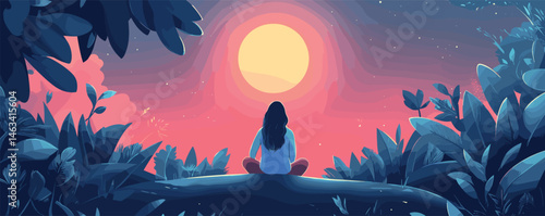 Woman meditates under full moon in lush jungle at nightfall, surrounded by vibrant foliage.