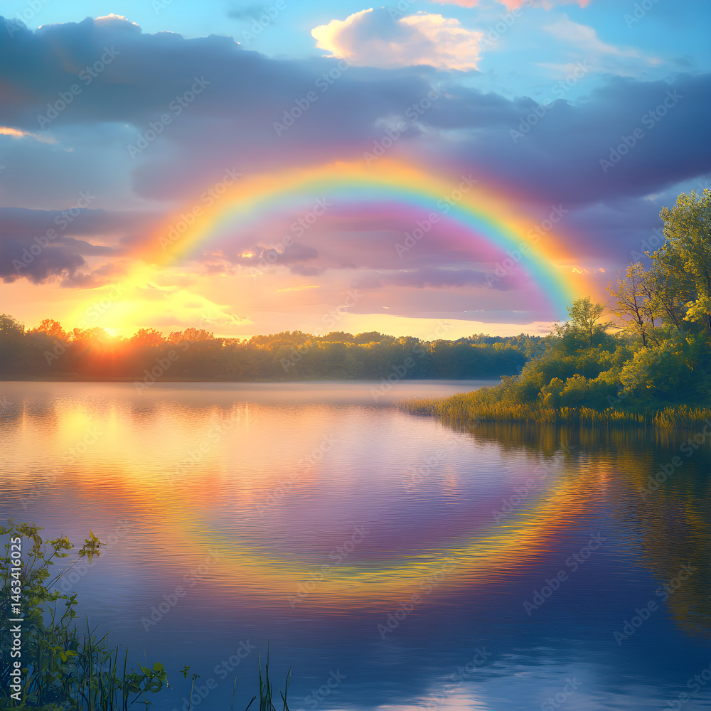 Naklejka premium Prismatic Symphony: A Captivating Rainbow Painting the Sky in Radiant Hues