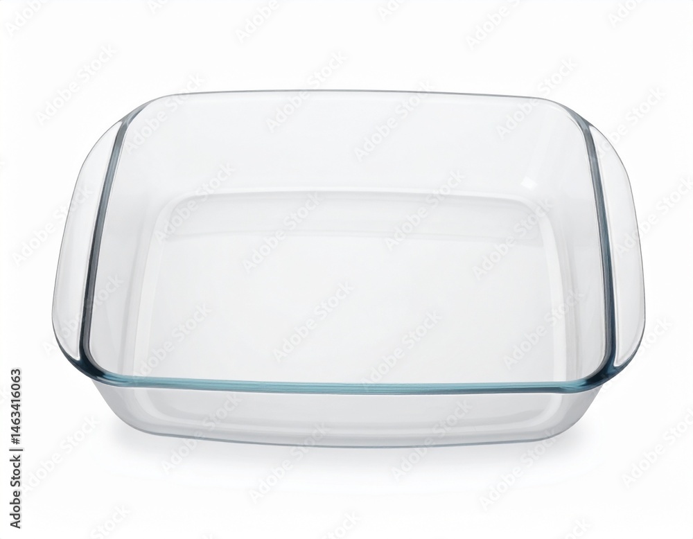 Square glass baking dish with rounded edges, showing transparency and simplicity on a white background Square glass baking dish with rounded edges, showing transparency and simplicity on a white background
