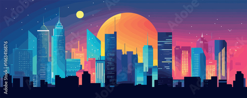 Vibrant cityscape at sunset with colorful skyscrapers and setting sun.