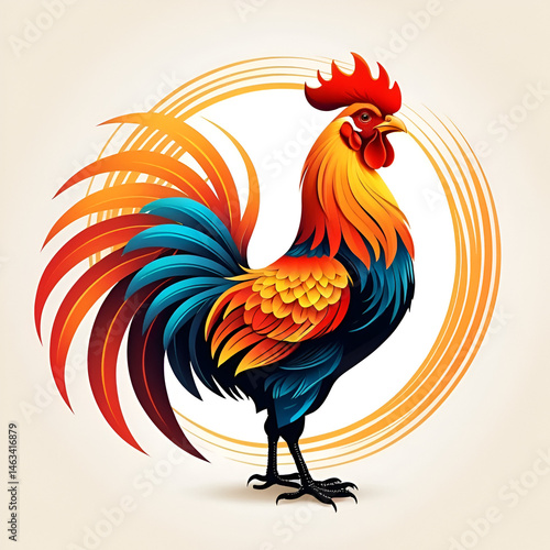 Fiery rooster illustration, stylized bird.