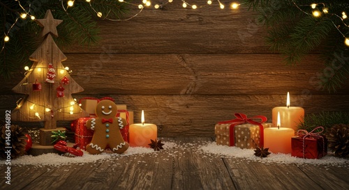 Festive Christmas Decoration with Gingerbread and Candles