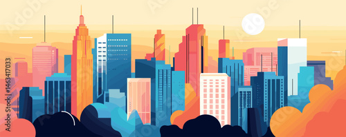 Colorful sunrise over modern city skyline with skyscrapers and dramatic horizon.