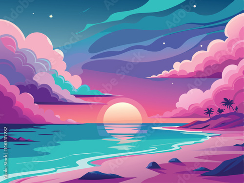 Moonlit sea landscape with stars and a boat on the water, a beautiful illustration of nature's night sky design