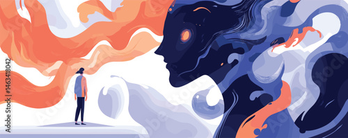 Surreal encounter: man faces cosmic abstract creature with fiery elements in dreamlike landscape.