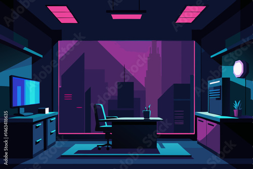 cyberpunk inspired office with neon lights 