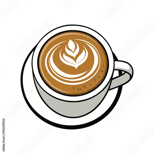 Top view latte coffee cup vector illustration. hot beverage artwork, creamy espresso foam art, flat lay cafe drink graphic