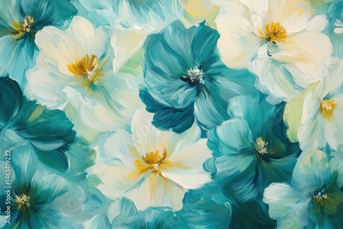 Vibrant teal and white floral painting of blooming flowers.