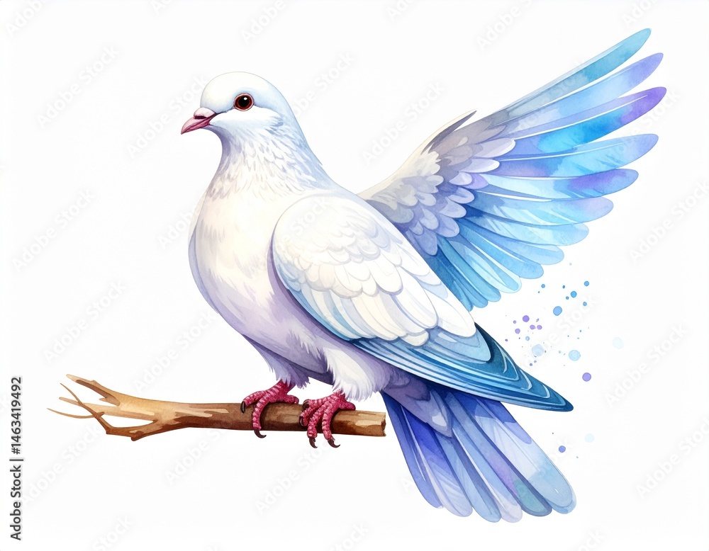 A white bird with blue accents spreads its wing, perched on a branch in a watercolor illustration A white bird with blue accents spreads its wing, perched on a branch in a watercolor illustration