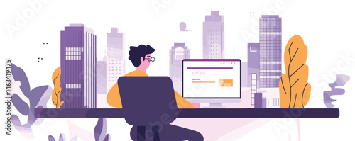 Man working at computer desk in modern office with cityscape view.