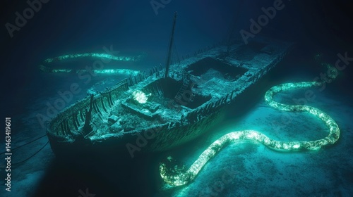 Sunken ship rests on ocean floor, glowing sea life nearby.