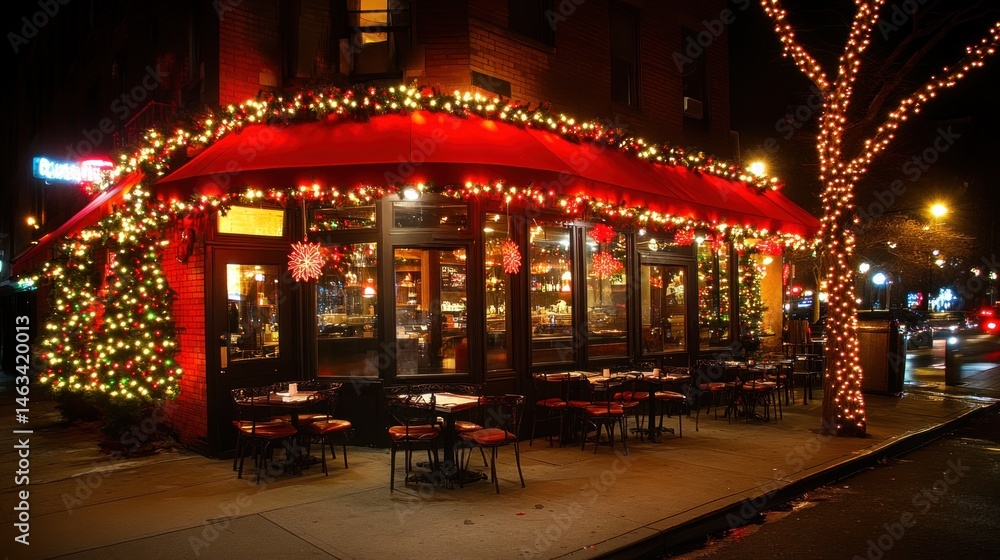 Christmas restaurant exterior with festive lights Christmas restaurant exterior with festive lights