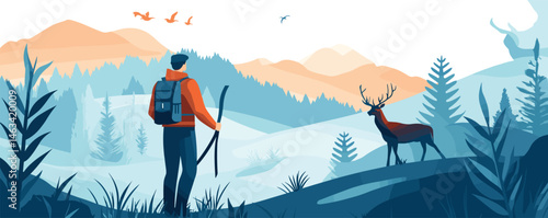 Hiker observing deer in mountain landscape with lush vegetation and sky.