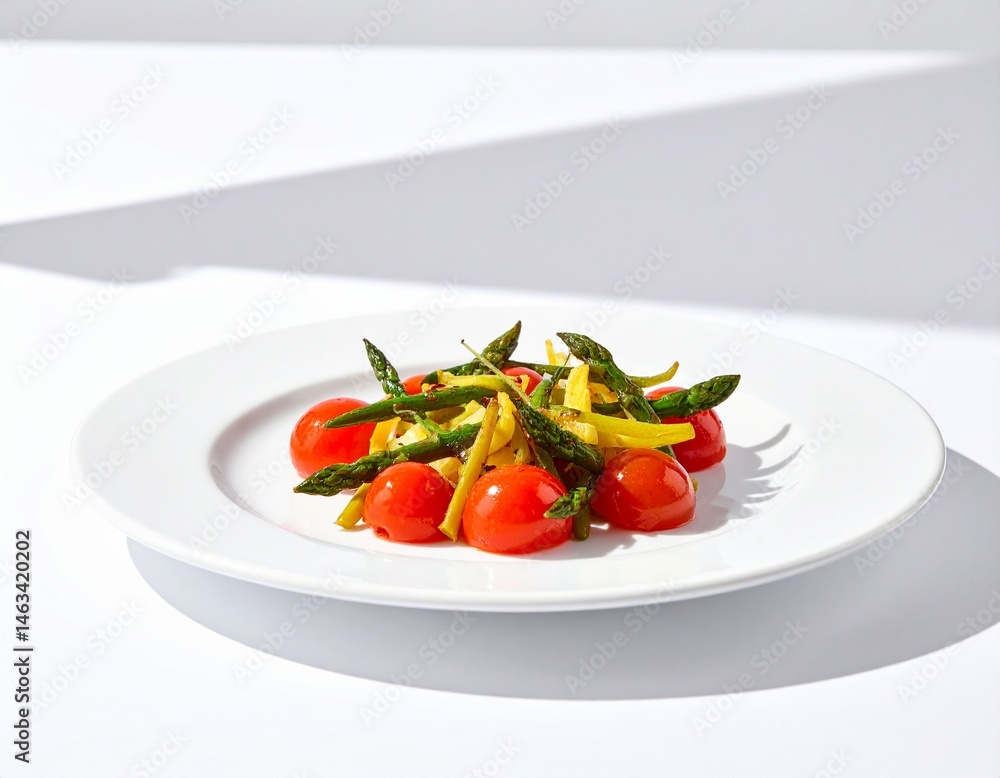 Plate of cooked asparagus and tomatoes, a colorful, fresh, and simple dish against a stark white background Plate of cooked asparagus and tomatoes, a colorful, fresh, and simple dish against a stark white background