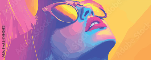 Vibrant artistic portrait of a woman in sunglasses with bold colors and expressive look.