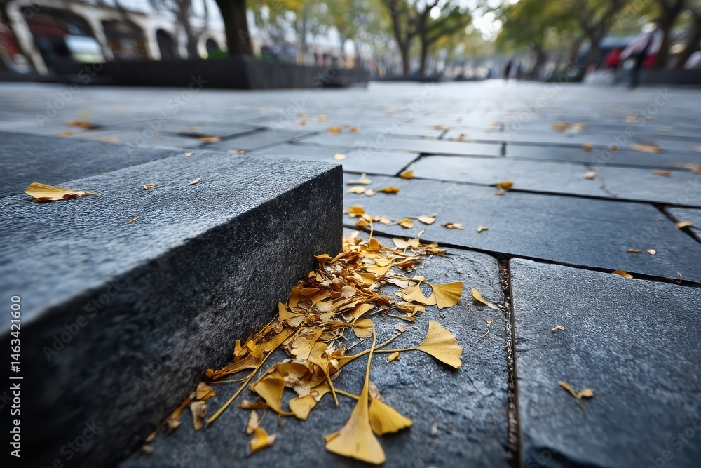 Fototapeta premium Paved Plaza with Fallen Ginkgo Leaves