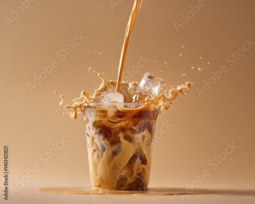 Close-up of caramel iced latte in a transparent cup showcasing swirling coffee texture blending with creamy milk, condensation droplets on the glass surface, commercial product photography