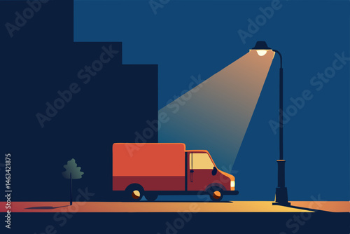 delivery vehicle unloading packages under streetli 