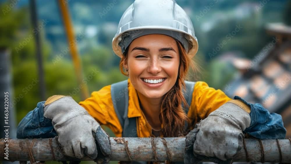 Smiling Construction Worker: A close-up shot of a smiling female construction worker, wearing a hard hat and work gloves, leaning over a metal beam. Smiling Construction Worker: A close-up shot of a smiling female construction worker, wearing a hard hat and work gloves, leaning over a metal beam.