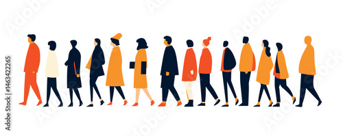 Diverse group of people walking in a line, silhouette illustration of men and women.