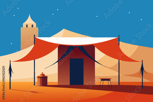 desert tent office with woven rugs  lanterns  