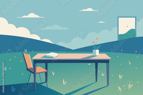 desk by a wildflower field with open air 